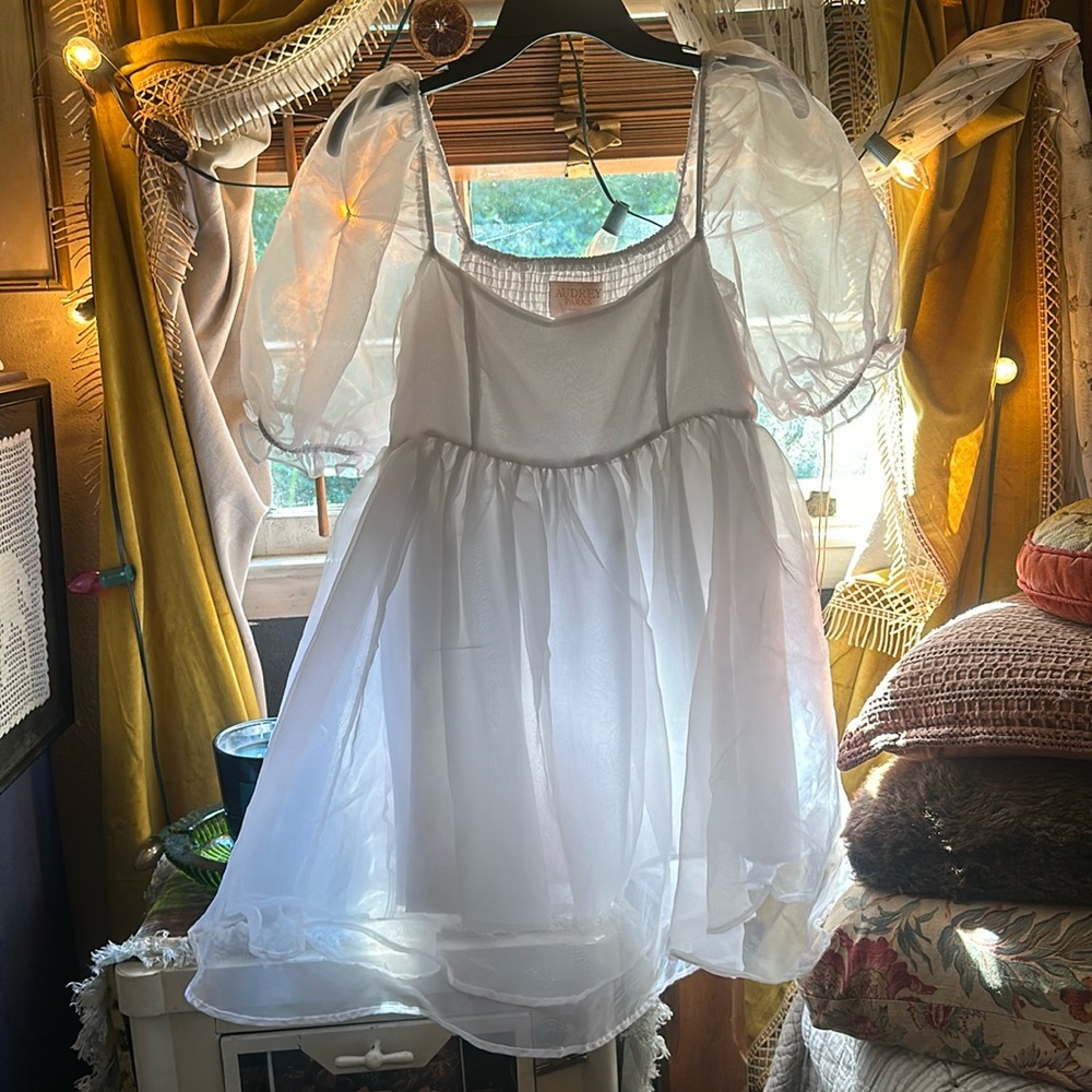 Audrey Parks Puff Sleeve Sheer White Dress